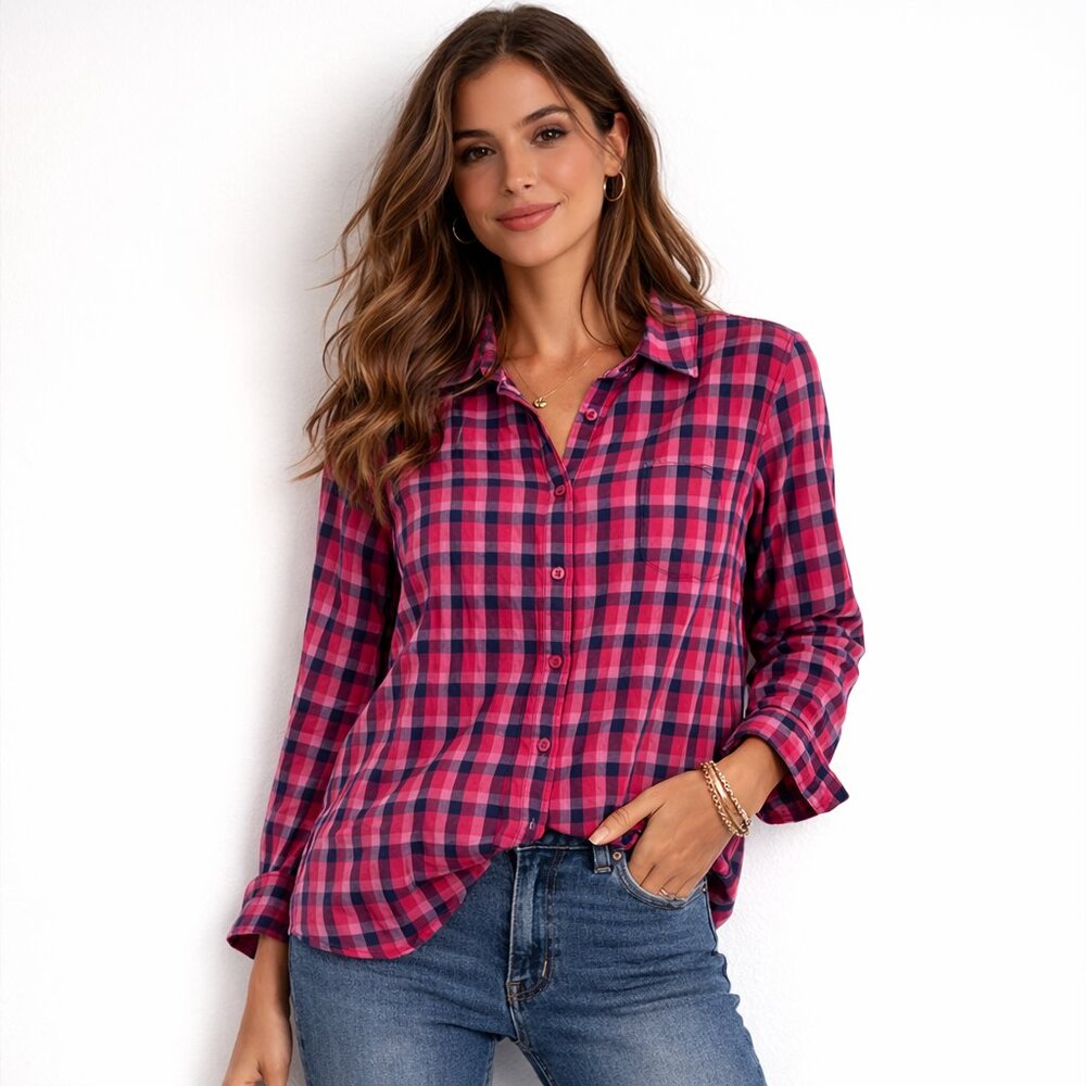 Columbia Pink and Blue Plaid Button-Up Shirt L